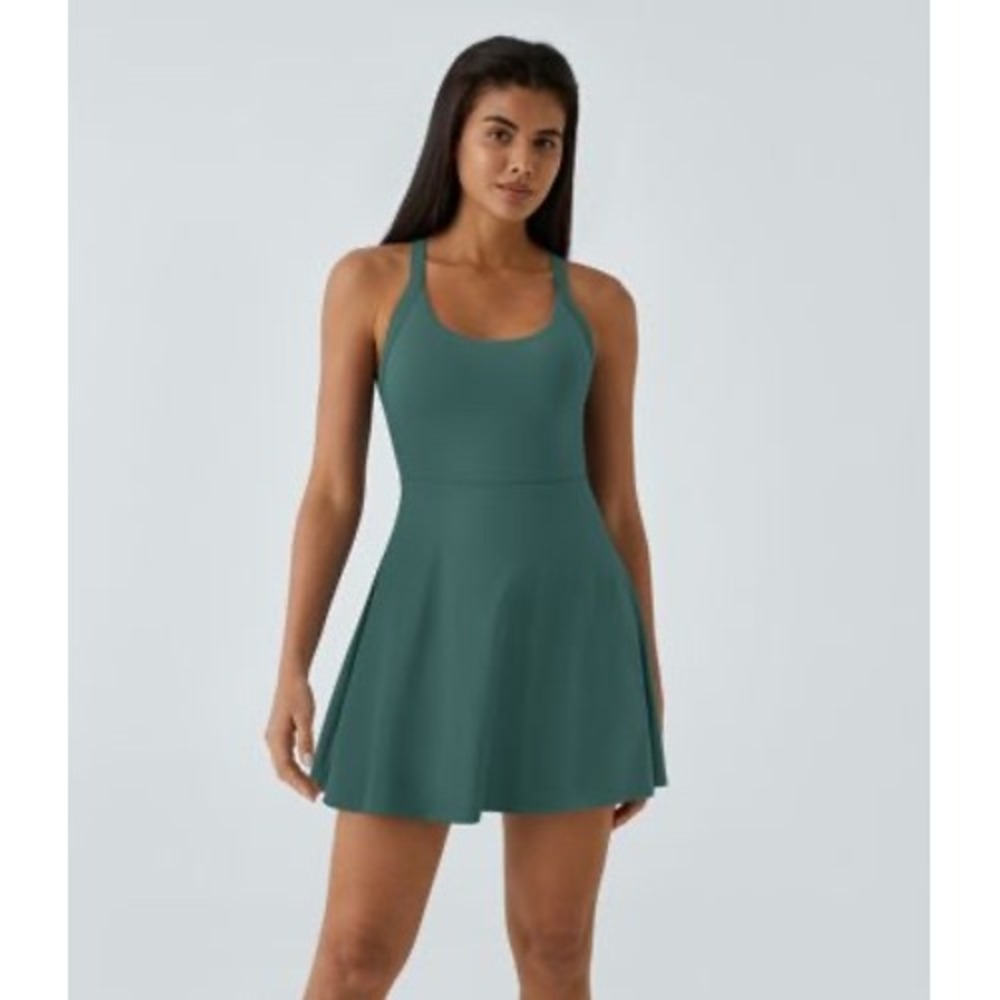 Halara SoftlyZero Airy Teal Active Dress Twist Back Built-in Shorts NWT Sz L